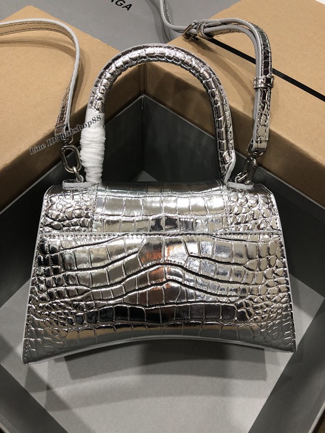 Balenciaga專櫃爆款大號手提女包 巴黎世家升級版鱷魚銀色銀扣Hourglass沙漏包 fyj1658